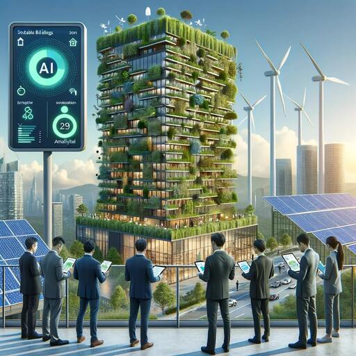 DALL·E-2023-10-29-09.45.38-Photo-of-a-green-skyscraper-with-vertical-gardens-solar-panels-and-wind-turbines-integrated-into-its-design.-Diverse-architects-and-engineers-are-ob